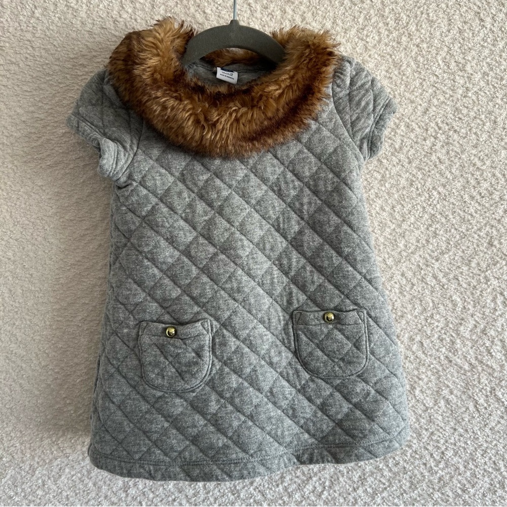 Janie And Jack Baby Infant Girl Faux Fur Gray Quilted Dress Size 12-18 Months